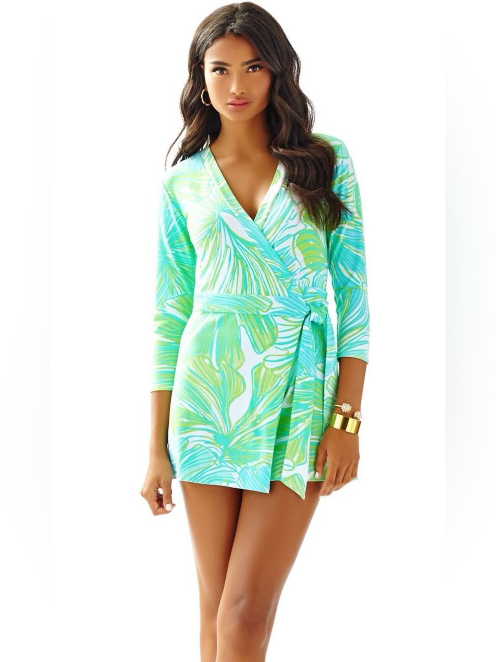 Lilly Pulitzer Karlie Wrap Romper Size Medium Green Blue Palm Long Sleeve Short